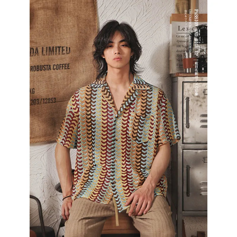 Japanese style Cuban collar polyester shirt in grey and red colours with hollow jacquard design