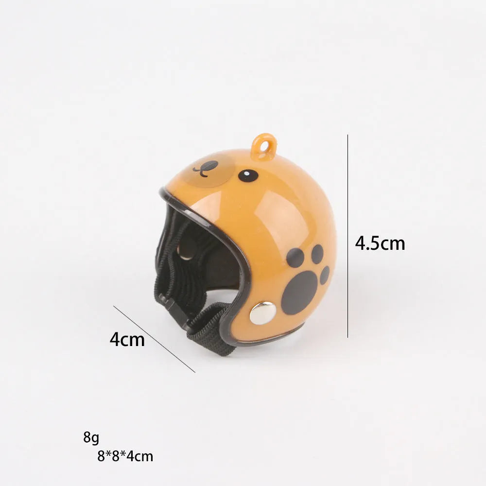 Small hard plastic pet helmet with elastic straps, shown on a chicken.
