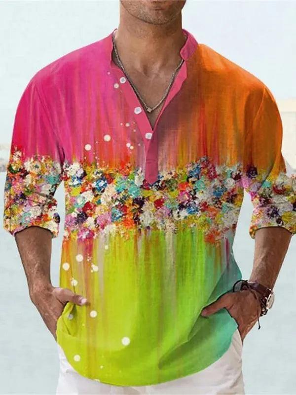 Man wearing striped bamboo hemp short sleeve shirt in British style, showing colour options S9570135 and S9577167.