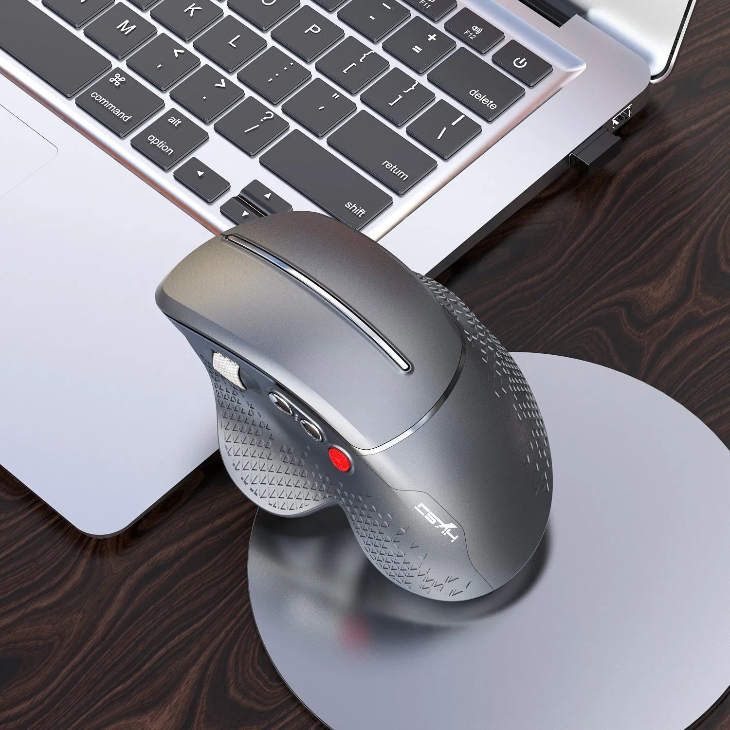 T32 black wireless vertical ergonomic mouse with aluminium side roller on desk
