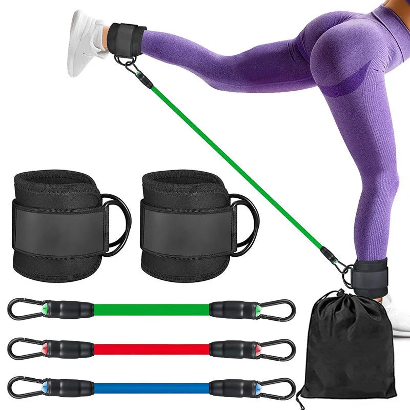 Set of three TPE resistance bands in 10, 20, and 30 pound resistances with two black ankle foot loops and a storage bag.