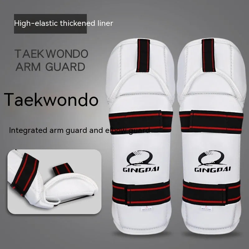 Taekwondo arm guards and leg protectors set in black PU EVA foam on a white background.