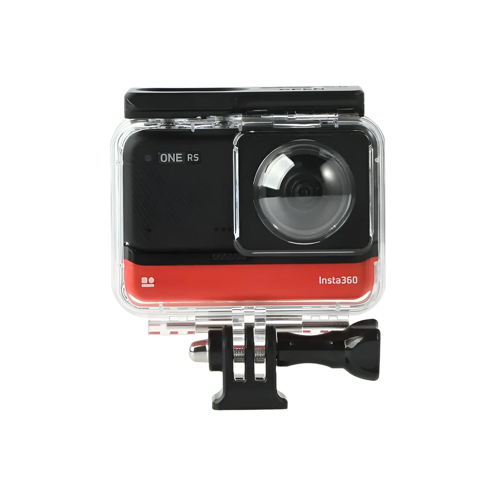 Transparent waterproof housing for Insta360 One RS panoramic camera showing clear plastic construction