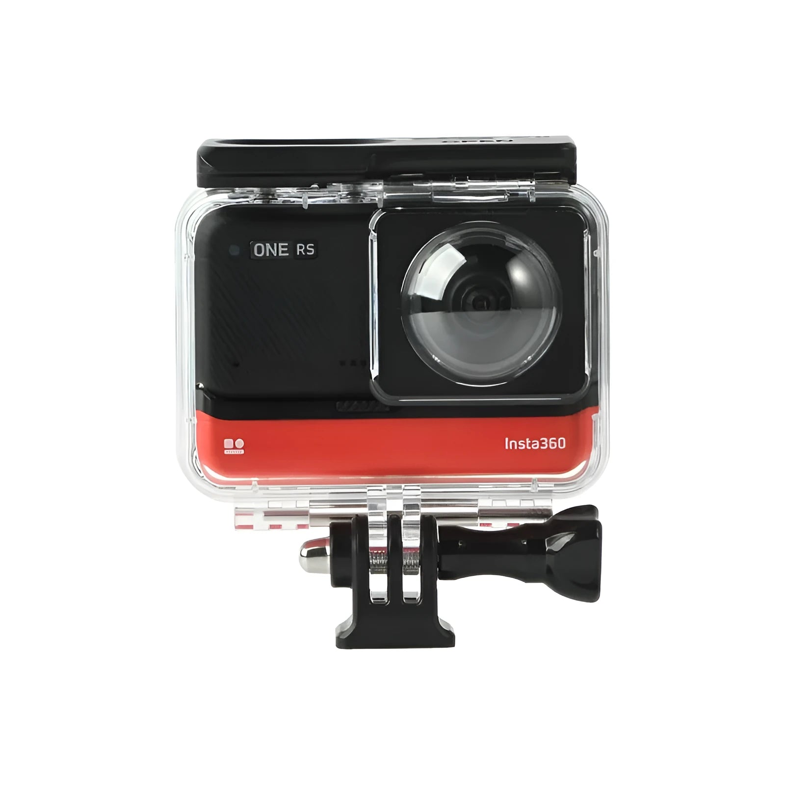 Transparent waterproof housing for Insta360 One RS panoramic camera showing clear plastic construction