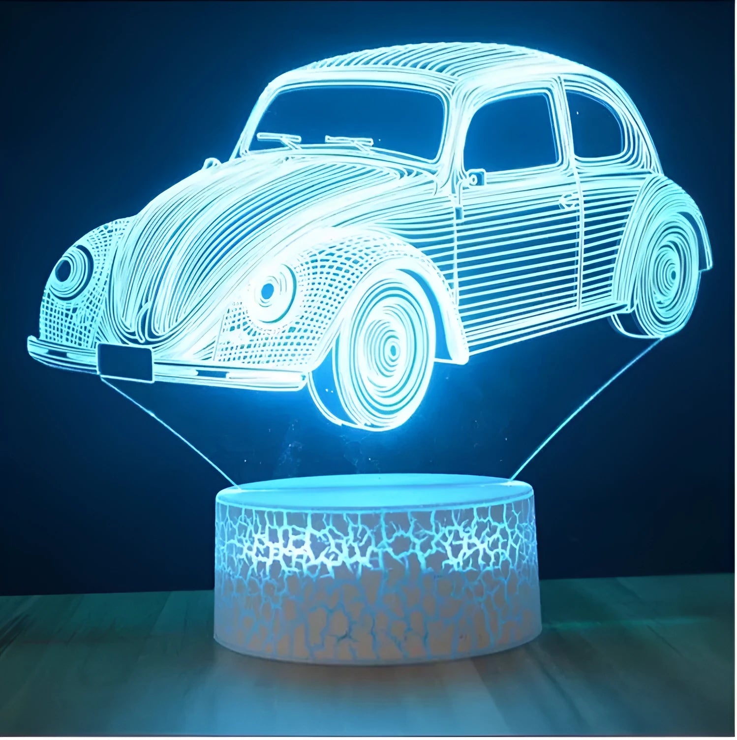 Black 3D acrylic LED table lamp with touch and remote control on wooden desk