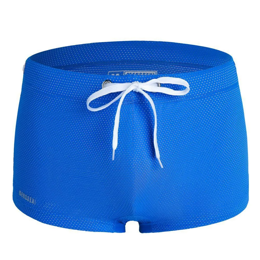Men's solid colour nylon lace low waist swimming trunks in boxer briefs style.