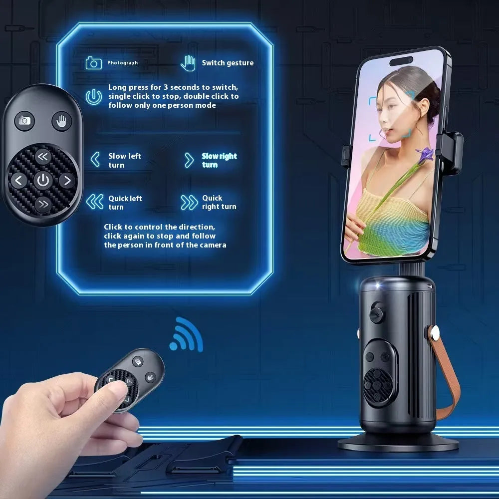 Smart AI face recognition selfie holder with 360 degree rotation and Bluetooth remote control for mobile live streaming
