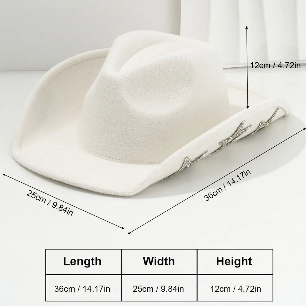 Beige woven polyester western top hat with a conical crown and a hexagonal star decoration on the front.