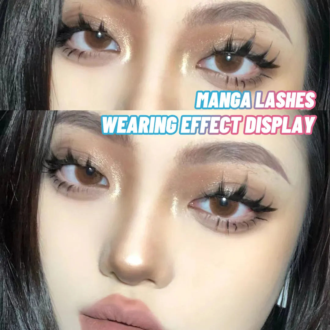 Set of manga style false eyelashes showing three wispy designs on a plastic black terrier base.