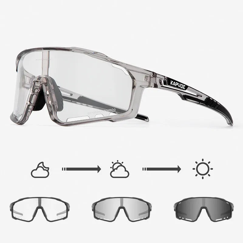 Photochromic cycling sunglasses with semi-rimless TR90 frame on a bicycle helmet.