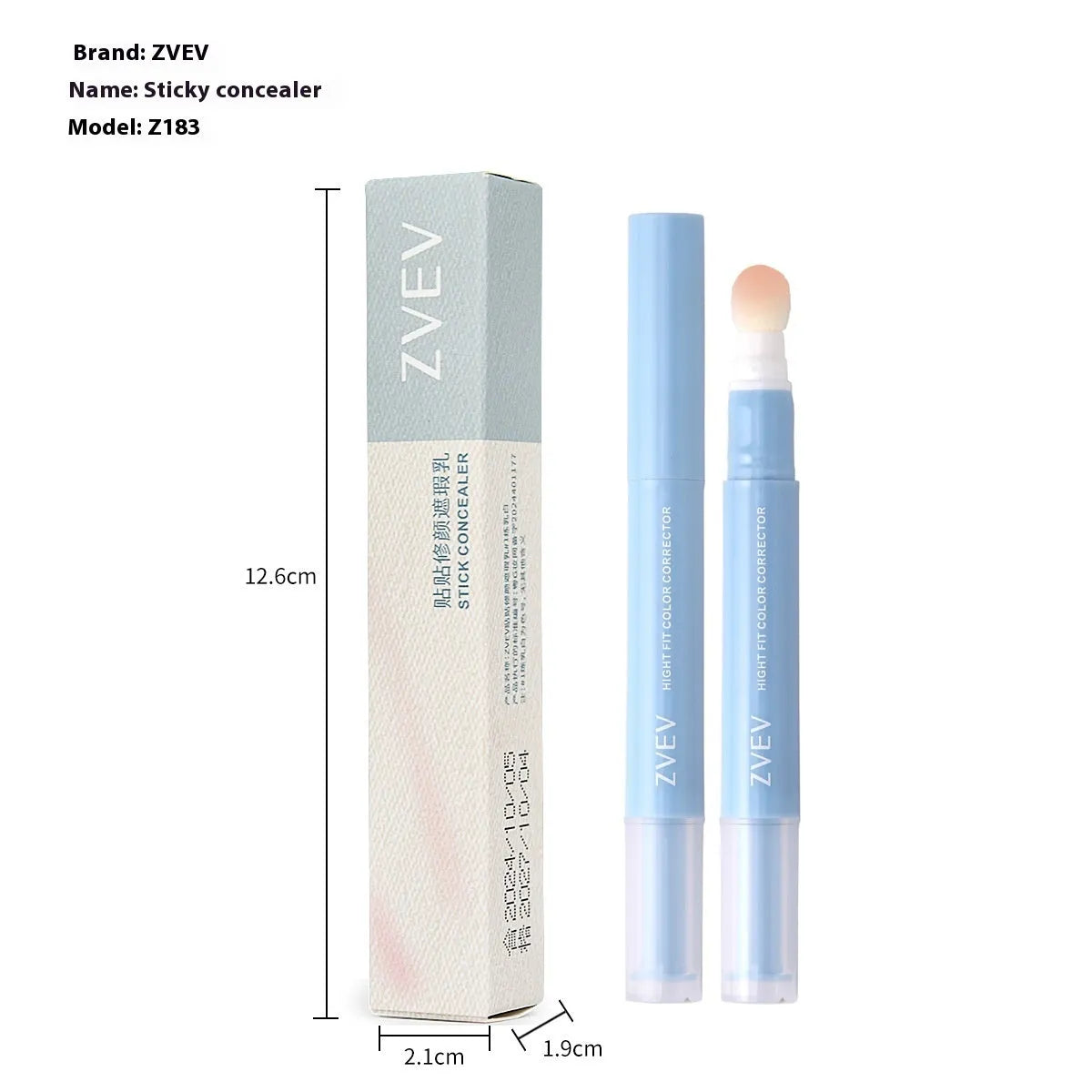 Concealer cream tube with sponge brush head applicator showing three colour shades