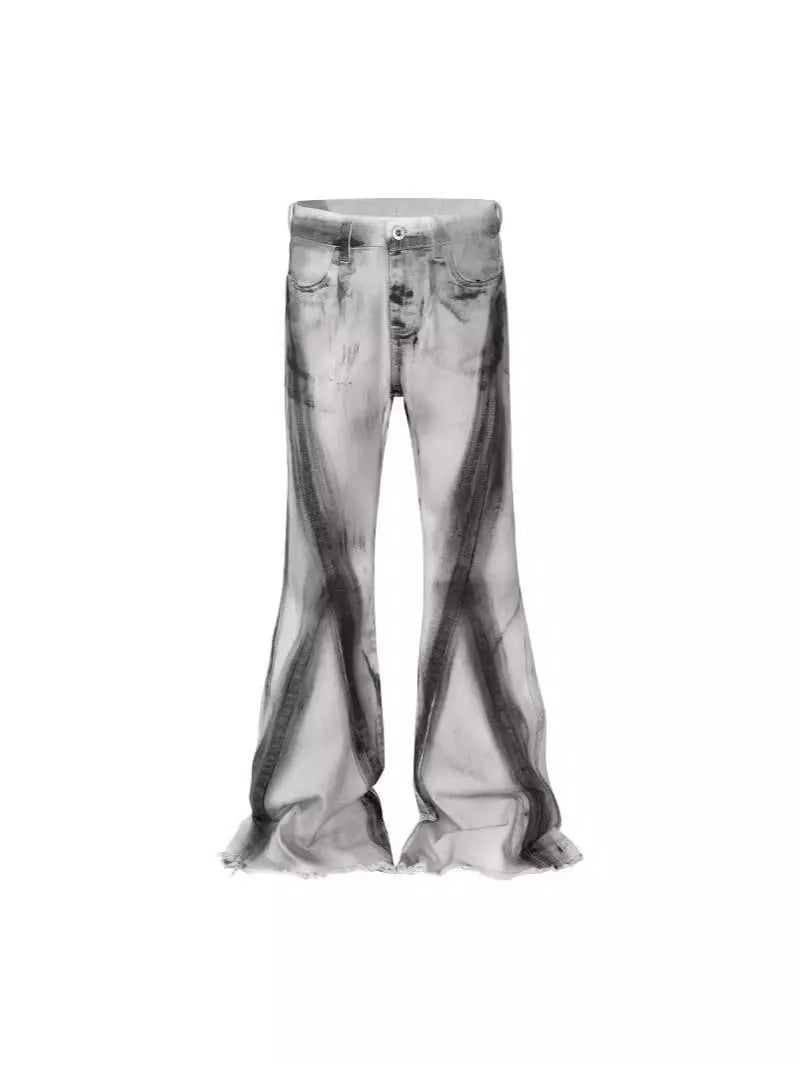 Men's retro style denim jeans with black ribbon gradient selvedge detailing and mid waist straight leg fit