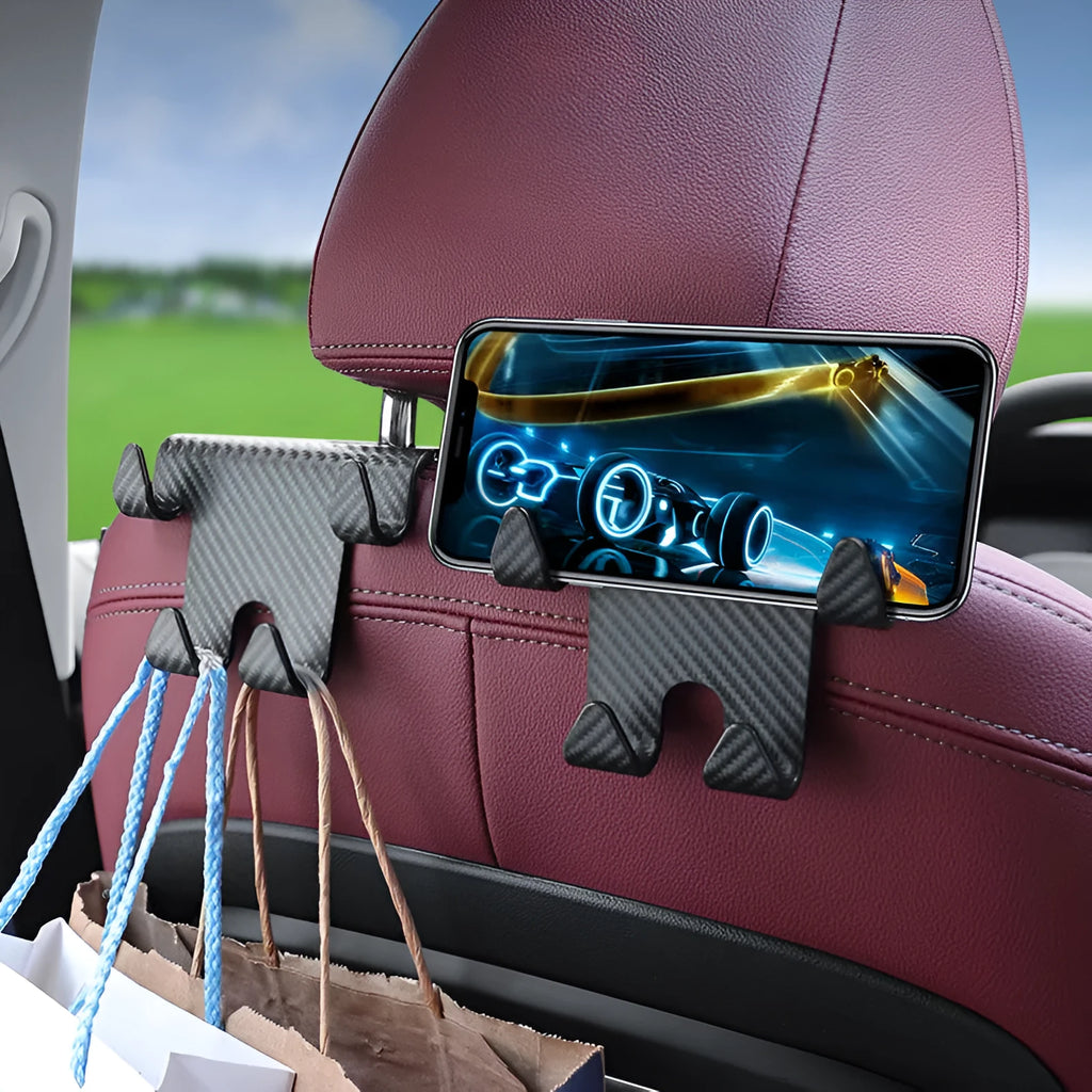 Black car multifunction hook bracket with integrated mobile phone holder for rear seat mounting