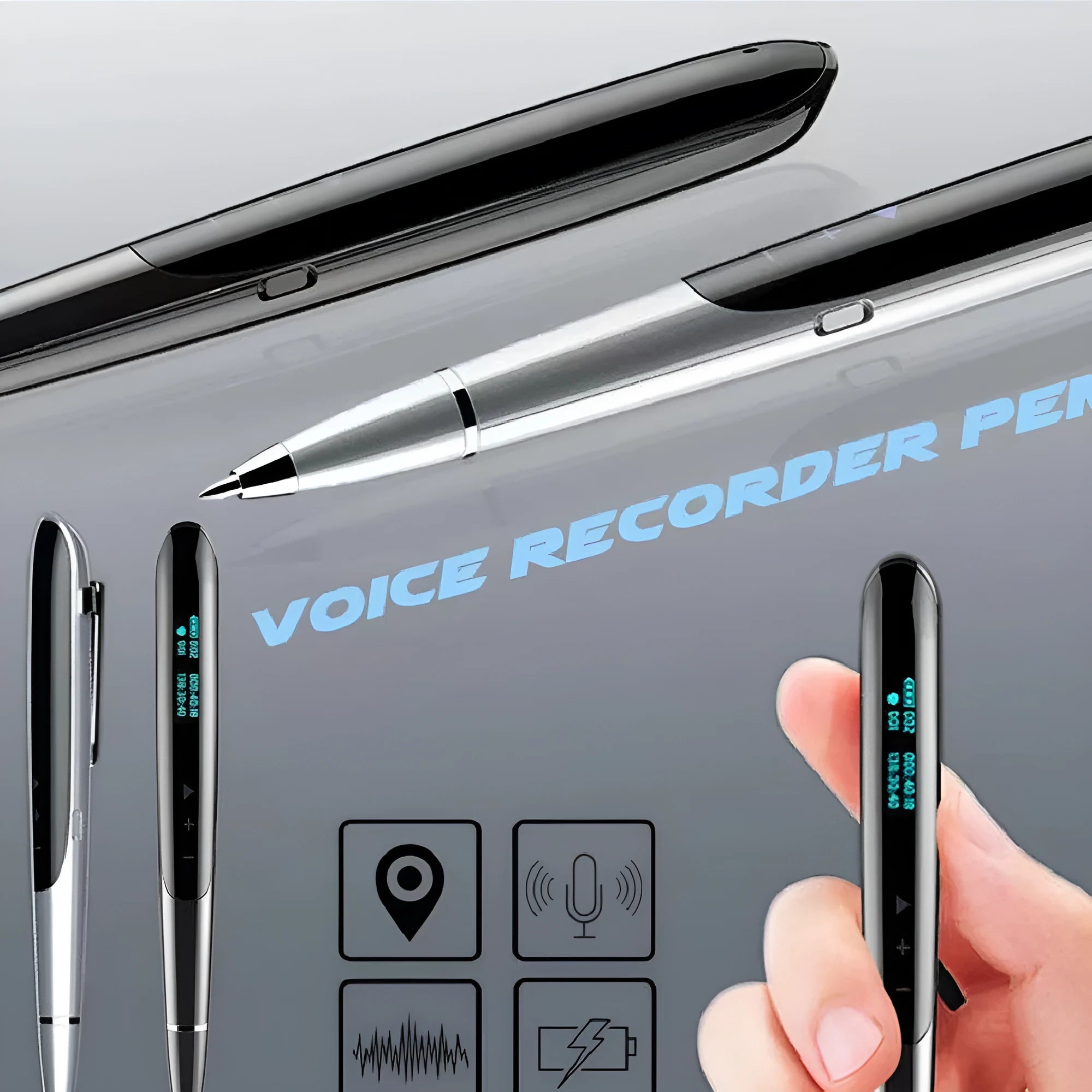 Black and silver lossless audio recording pens with OLED display screens and zinc alloy shells.