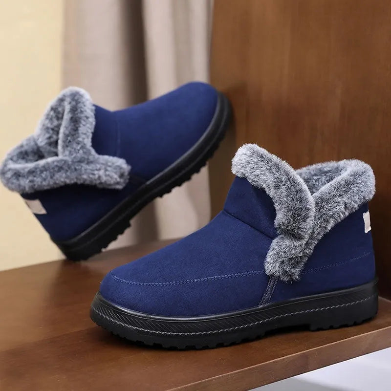 Women's cotton snow boots with plush lining, flat wedge heel, available in black, camel, blue, sizes 36-43.