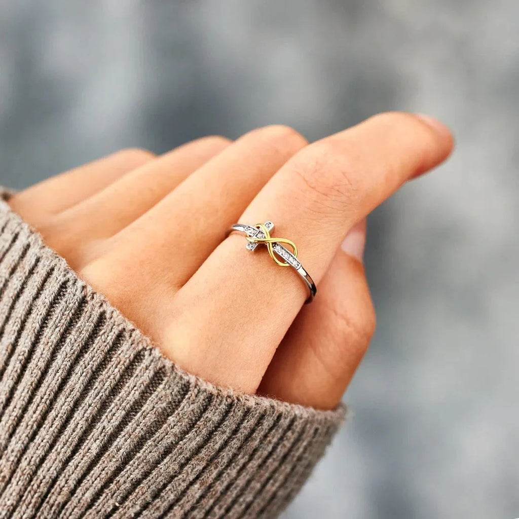S925 sterling silver infinite cross ring with two-tone electroplated finish and geometric line design