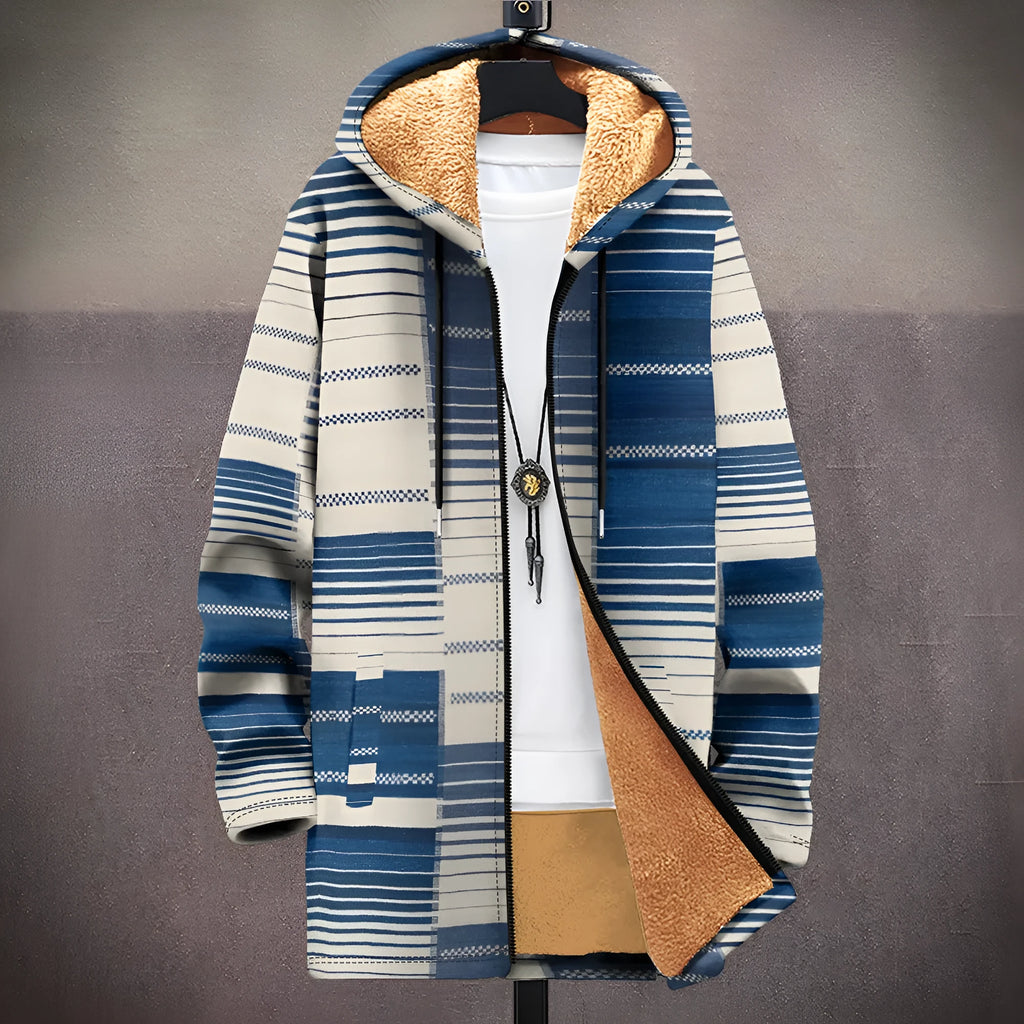 Man wearing a multicolour digitally printed hooded cardigan with a front zipper in a loose fit.