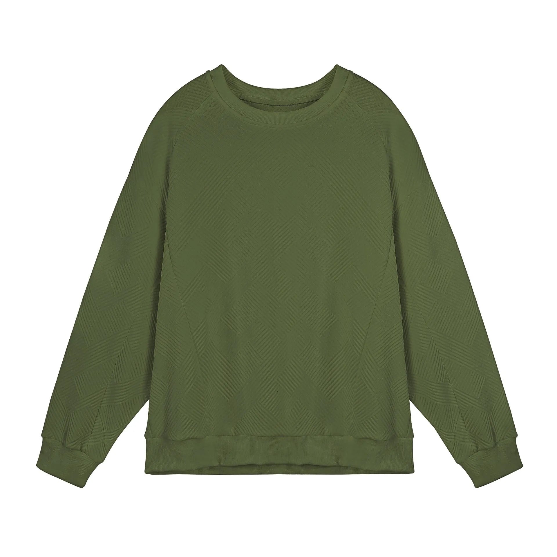 Men's loose fit solid colour twill jacquard pullover sweater on a hanger.