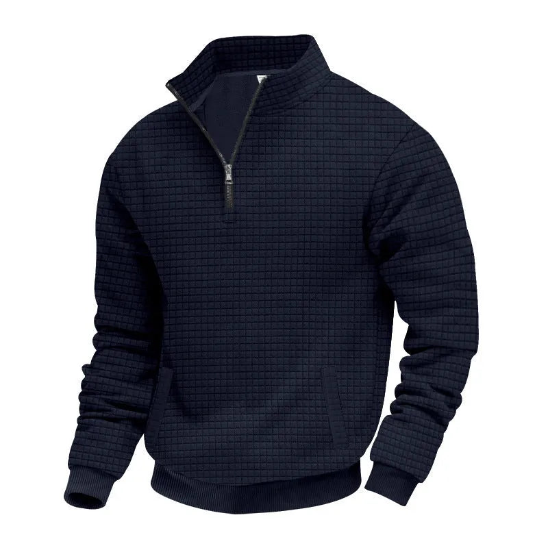 Men's grey stand-up collar long sleeve jacquard small check sweatshirt with side seam pockets