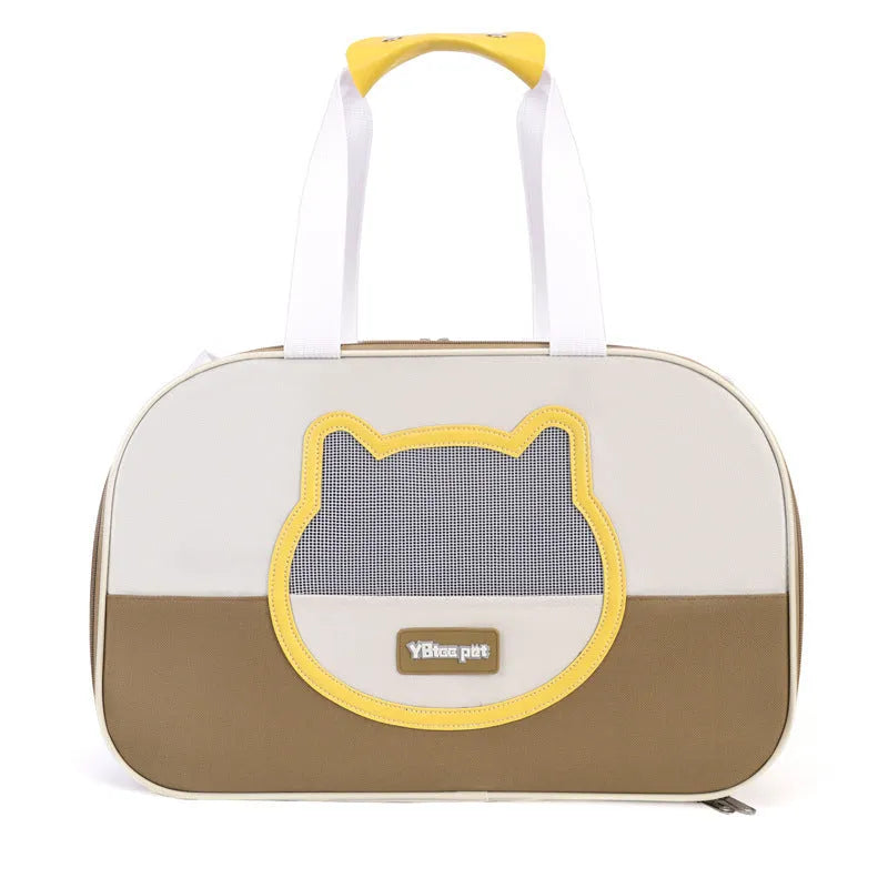 Blue foldable cat backpack made from Oxford cloth with contrast colour pattern and shoulder straps