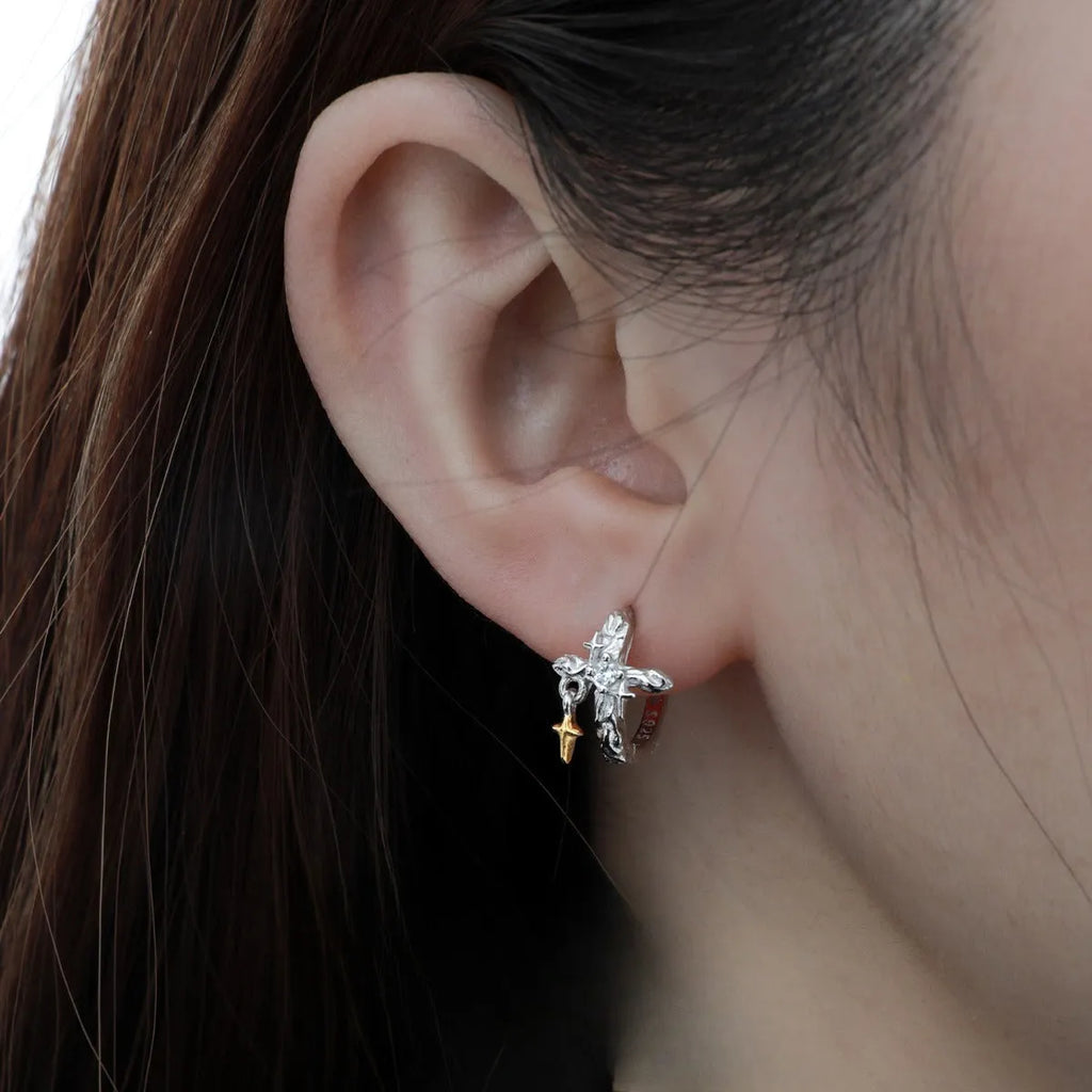 925 silver cross earrings with geometric shape and electroplated white gold colour finish for women