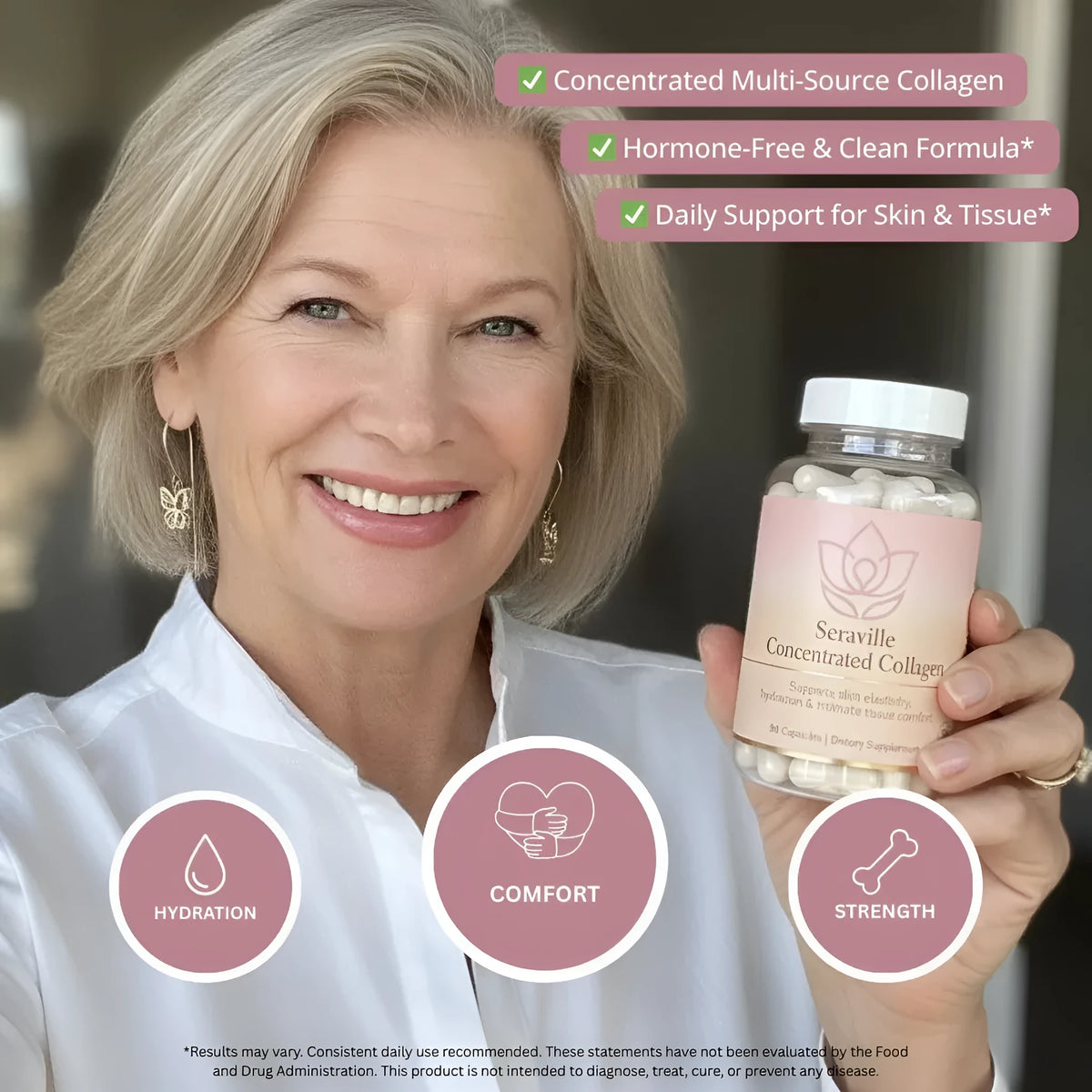Bottle of 90 collagen capsules with label, capsule format supplement, cool storage