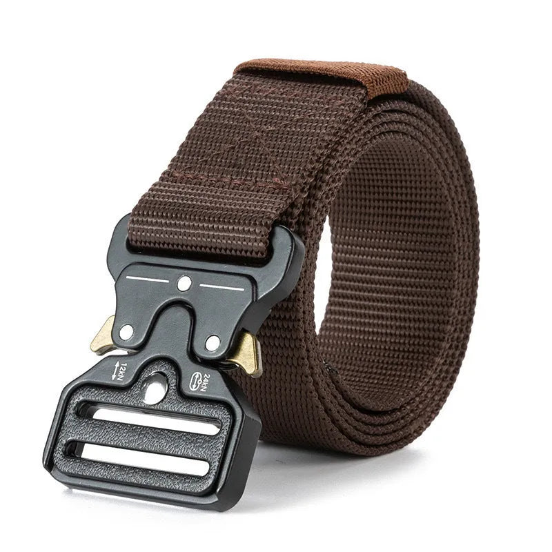 Men's thick canvas tactical belt with alloy buckle shown in Army Green colour on 120cm length