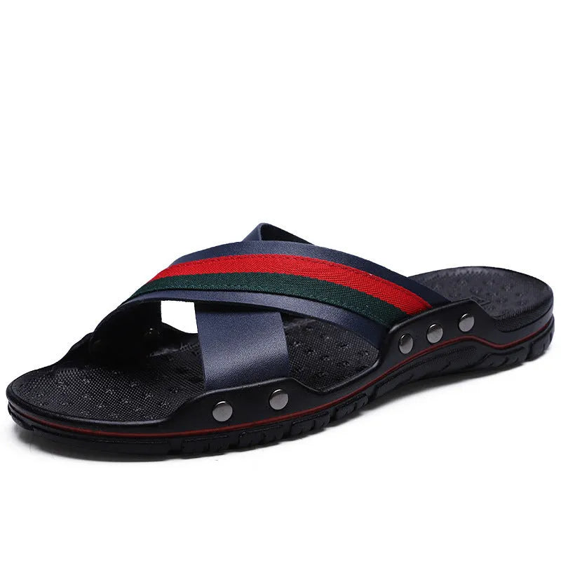 Men's cowhide flip-flops with non-slip PU sole in white, blue, and black colour options.