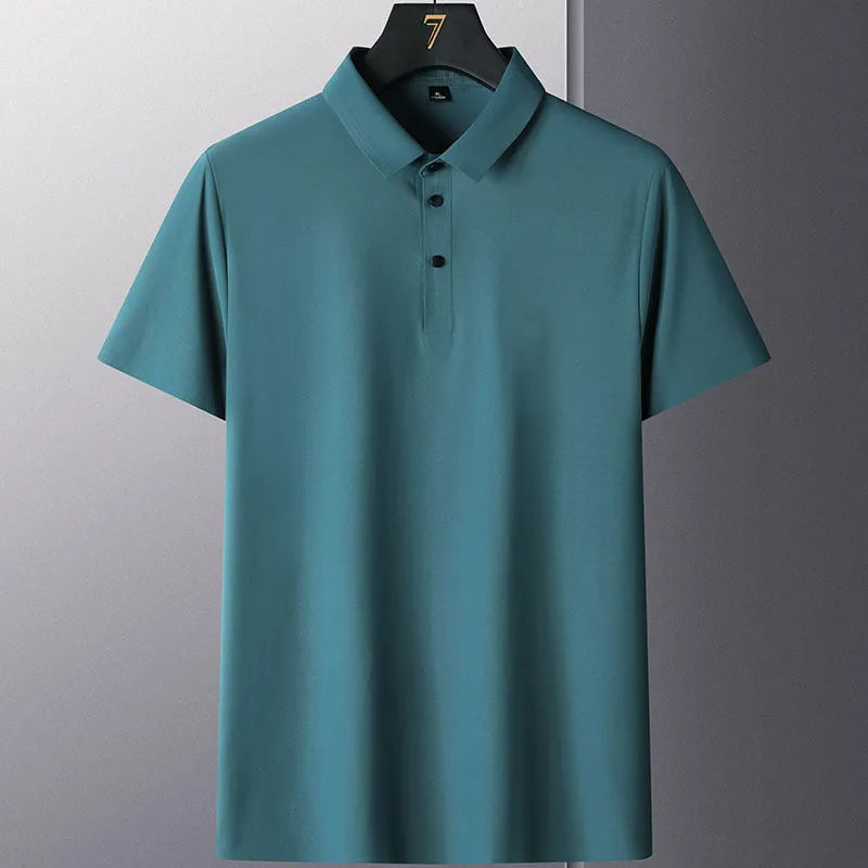Non-ironing solid colour men's short sleeve business casual shirt on a hanger.