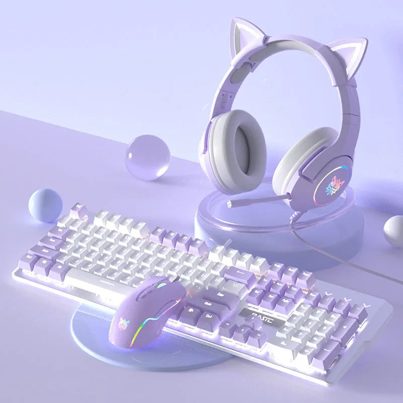White and purple wired mechanical keyboard and mouse combo set with backlight illumination