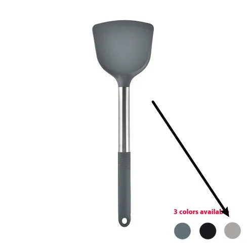 12-piece silicone kitchen utensil set in rotating storage bucket, including spatula, spoon, ladel, and egg beater on kitchen counter.