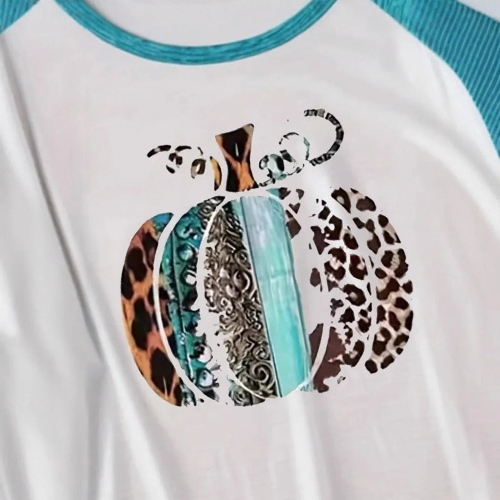Sky blue long sleeve t-shirt with a detailed 3D digital print of a Halloween pumpkin.