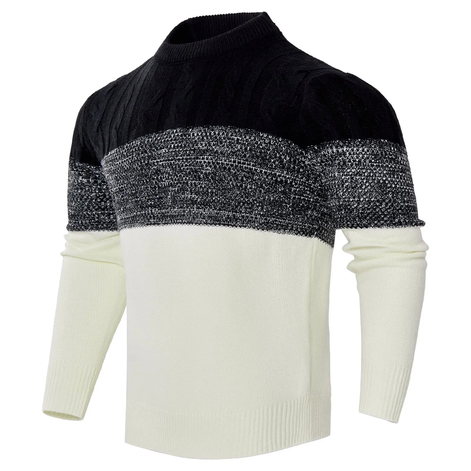 Men's knitted long-sleeved pullover sweater on a hanger, available in multiple sizes and styles.
