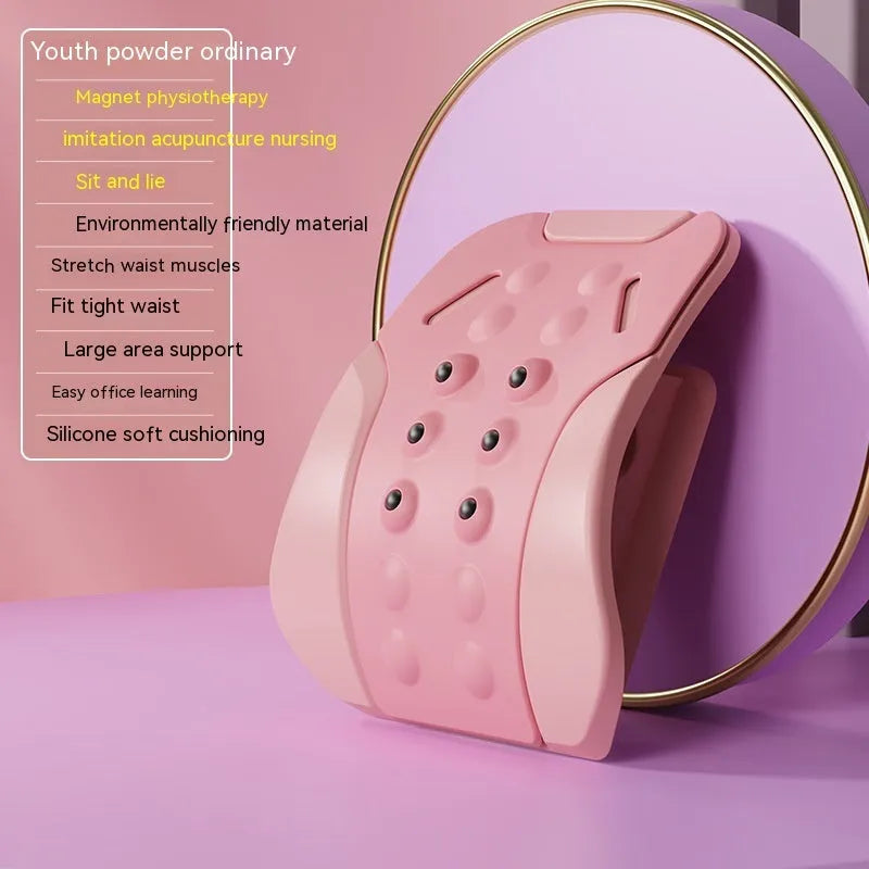 Lumbar traction tensioner in pink PP and EVA construction for yoga and fitness back stretching