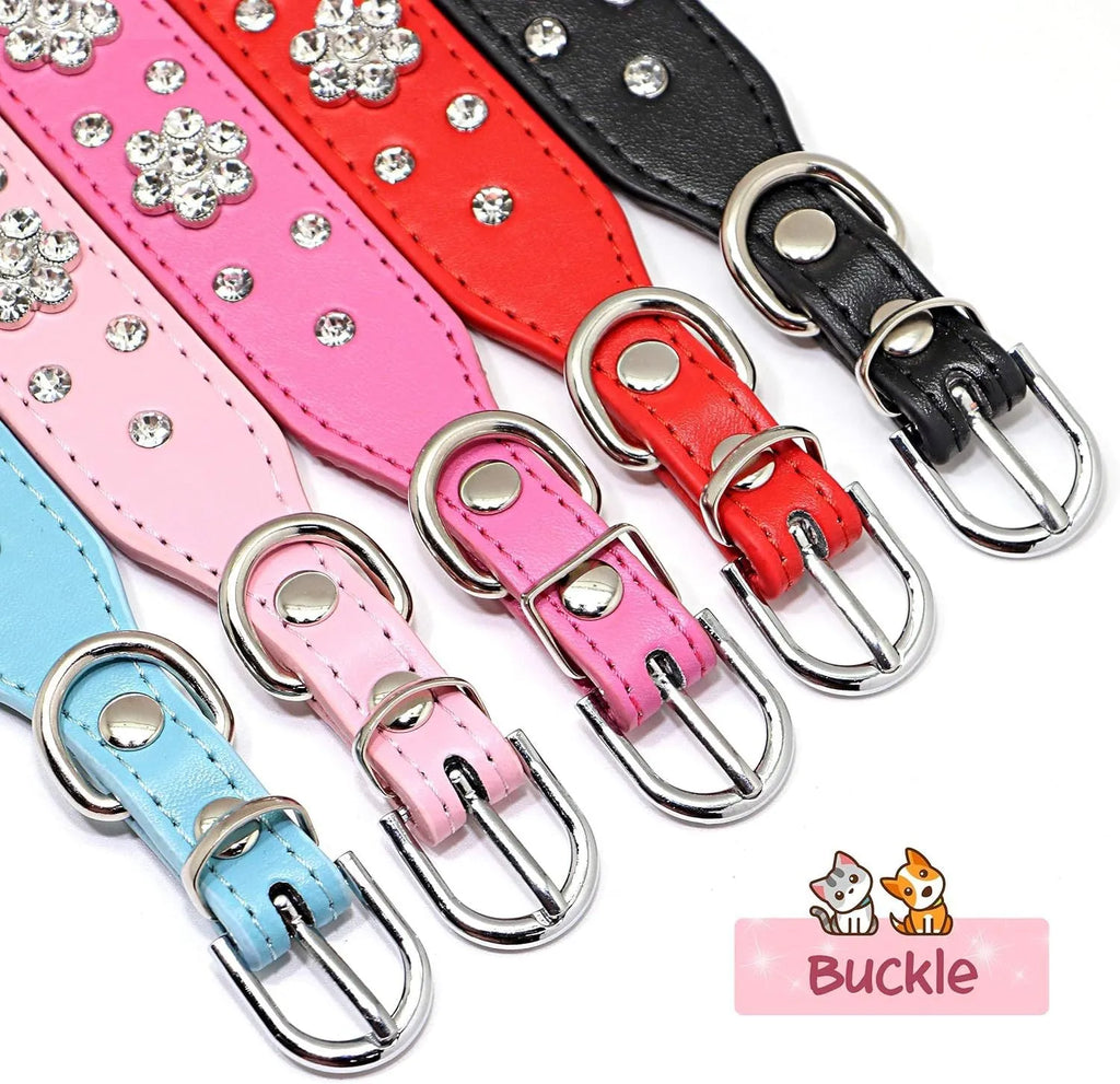 Black PU leather dog collar with rhinestone flower pattern and studs, adjustable for small dogs.
