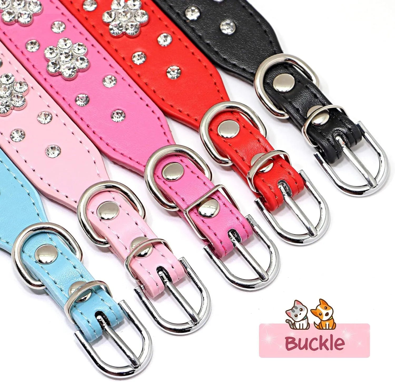 Black PU leather dog collar with rhinestone flower pattern and studs, adjustable for small dogs.
