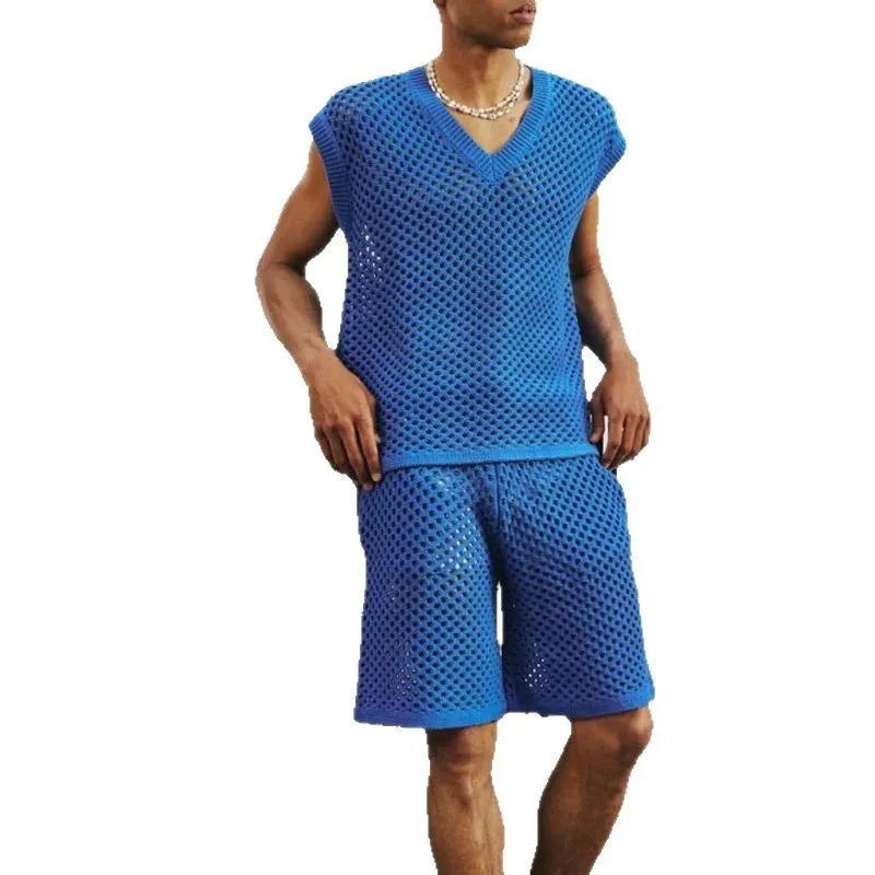 Men's blue V-neck sleeveless vest with matching shorts sports outfit