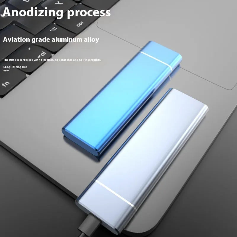 Sapphire blue portable external solid state hard disk with metal casing measuring 10.3cm