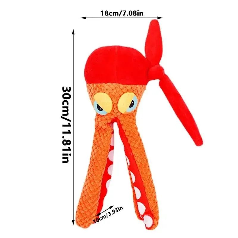 Orange octopus plush dog chew toy with tentacles for dental cleaning and hidden squeaker