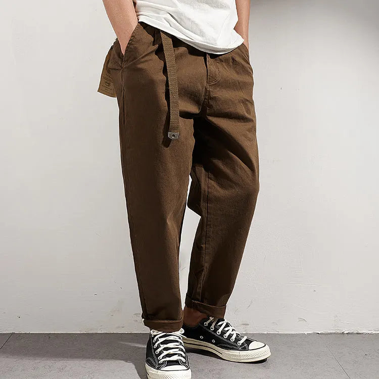 Men's Japanese retro loose tapered casual trousers in dark blue, wool blend fabric