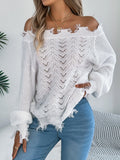 Women's white hollow-out knit pullover sweater with an off-the-shoulder neckline