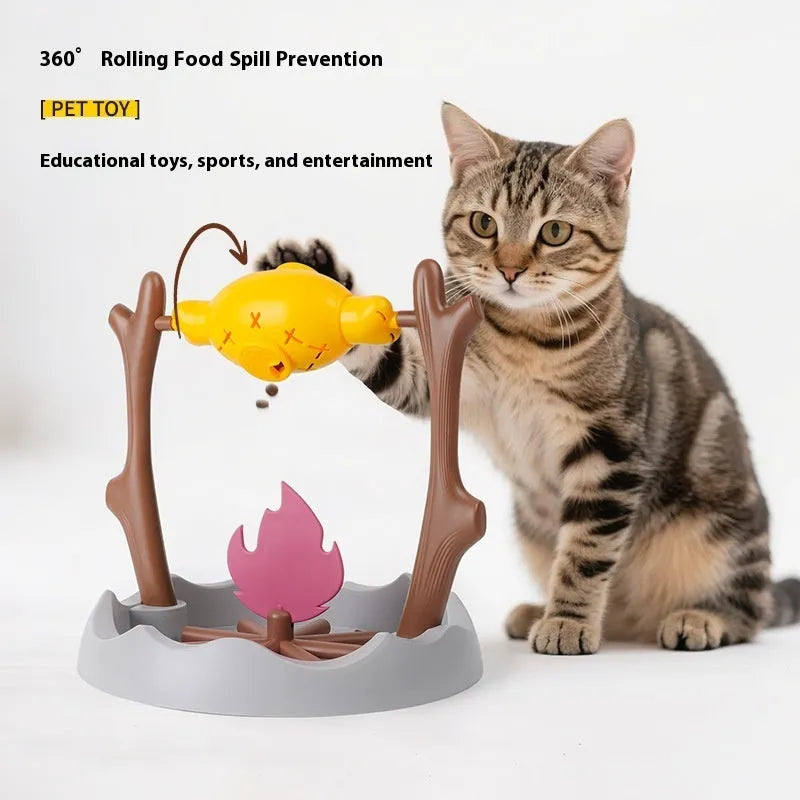 Barbecue-themed tumbling cat food feeder toy with leakage mechanism for freeze-dried treats