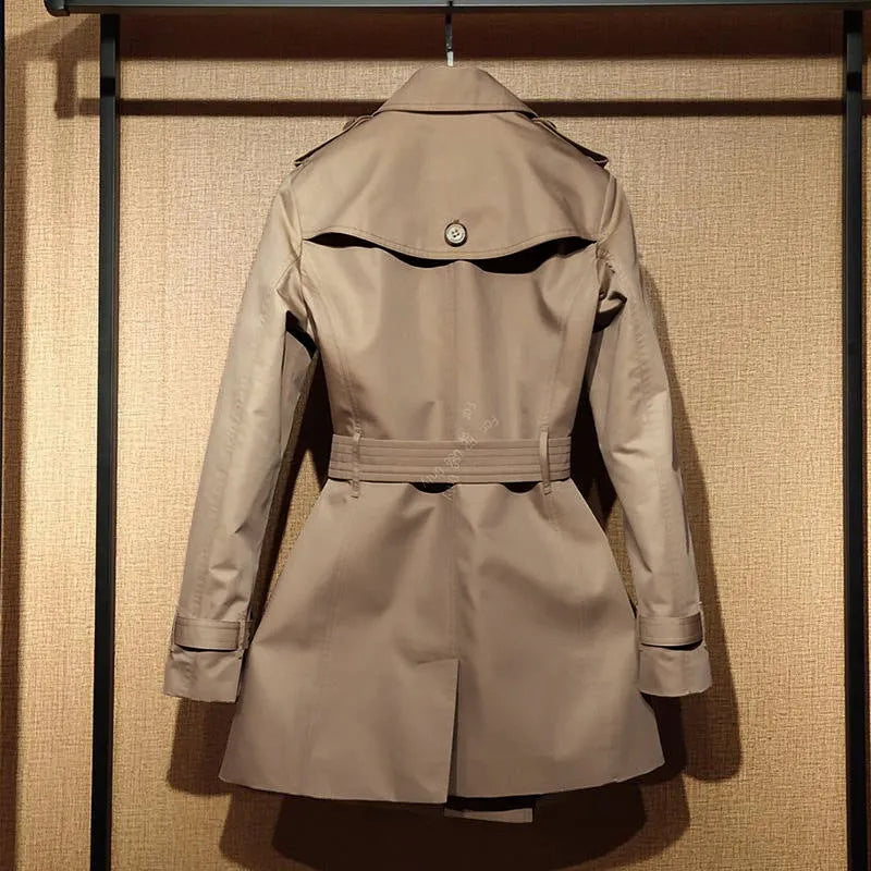 Khaki polyester women's trench coat with double-breasted front and flight sleeves