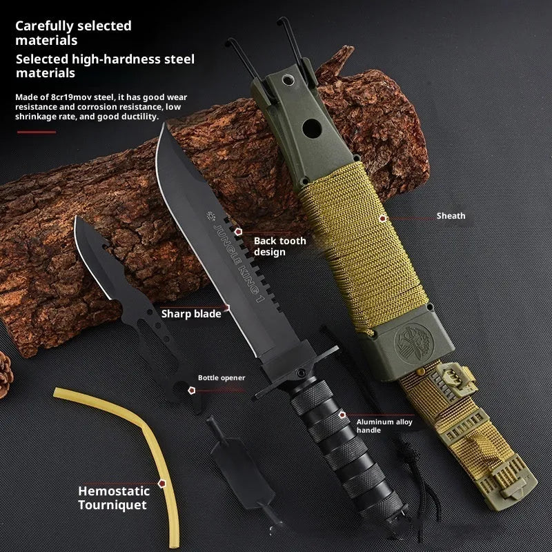 Keel integrated small straight survival tactical knife with aluminium handle and 8Cr19MoV blade in black colour