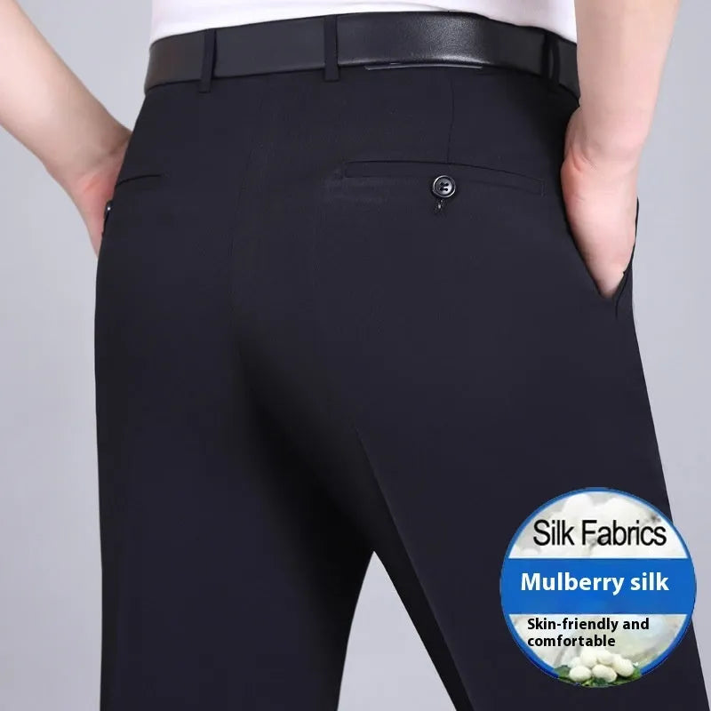 Men's straight-cut business trousers in dark blue with high waist and non-ironing construction