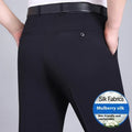 Men's straight-cut business trousers in dark blue with high waist and non-ironing construction