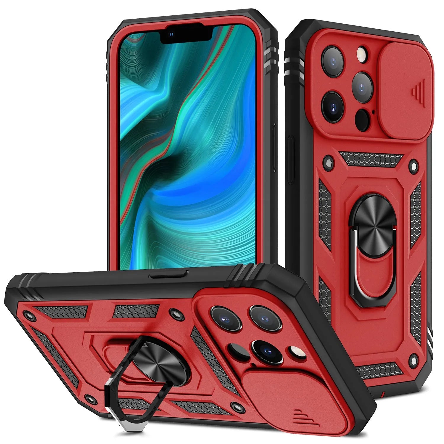 Magnetic sliding window back cover case for iPhone 12 and 13 phones in sapphire blue colour.