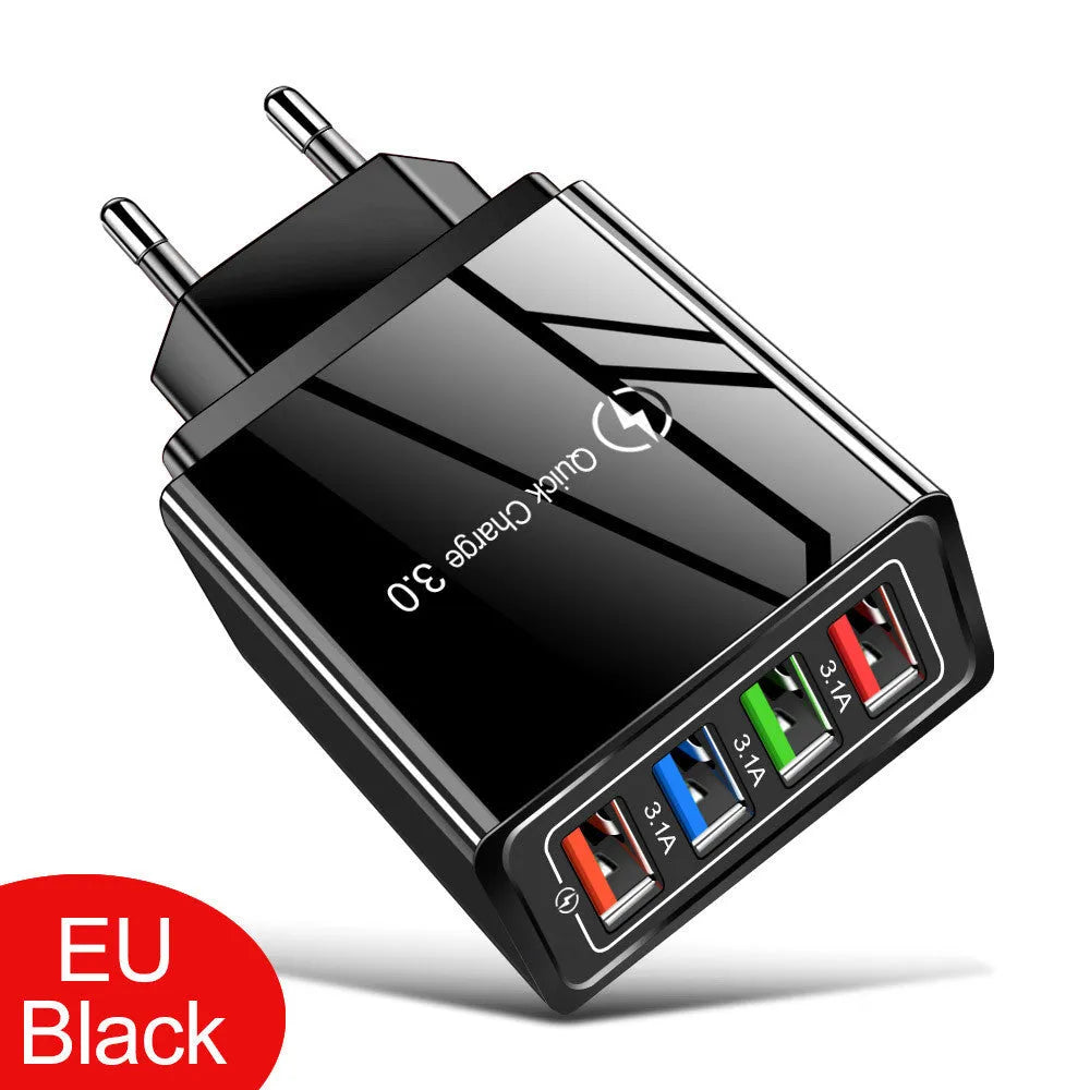 Intelligent 3A mobile phone charging head with luminous indicators showing four USB ports