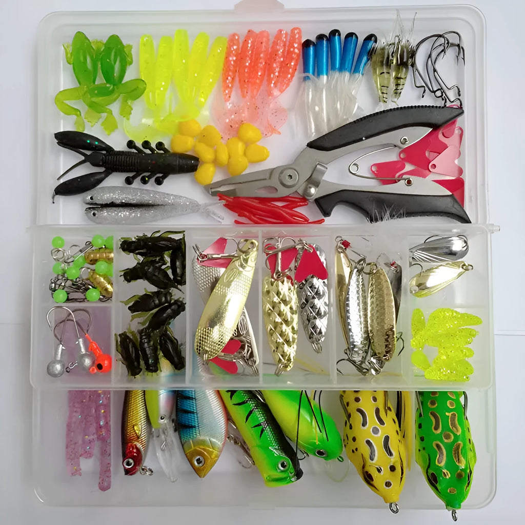 142-piece fishing lure suit set with metal pliers, hard minnow lures, sequin spoons, and hooks on a blue background.