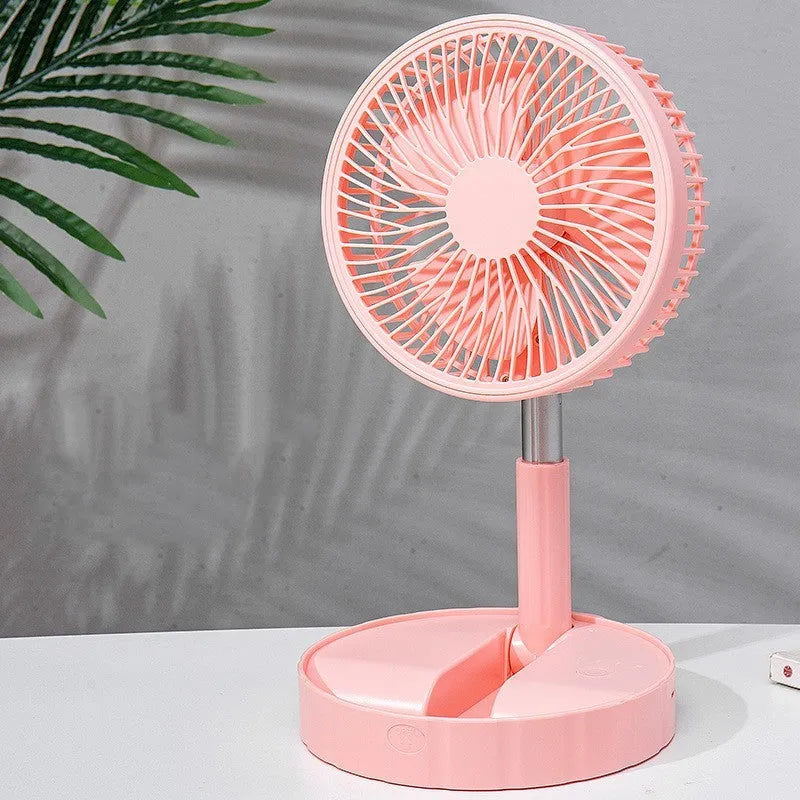 Black portable telescopic folding fan extended to full height showing oscillation function and power bank port